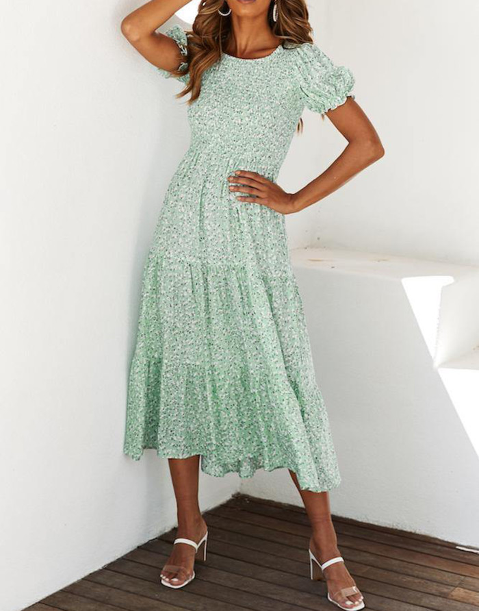 R.Vivimos Women's Summer Cotton Puff Sleeves Floral Print Round Neckline A-Line Boho Flowy Midi Dress