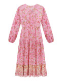 R.Vivimos Women's Long Sleeve Cotton V-Neck Button Up Floral Print Boho Flowy Midi Dresses