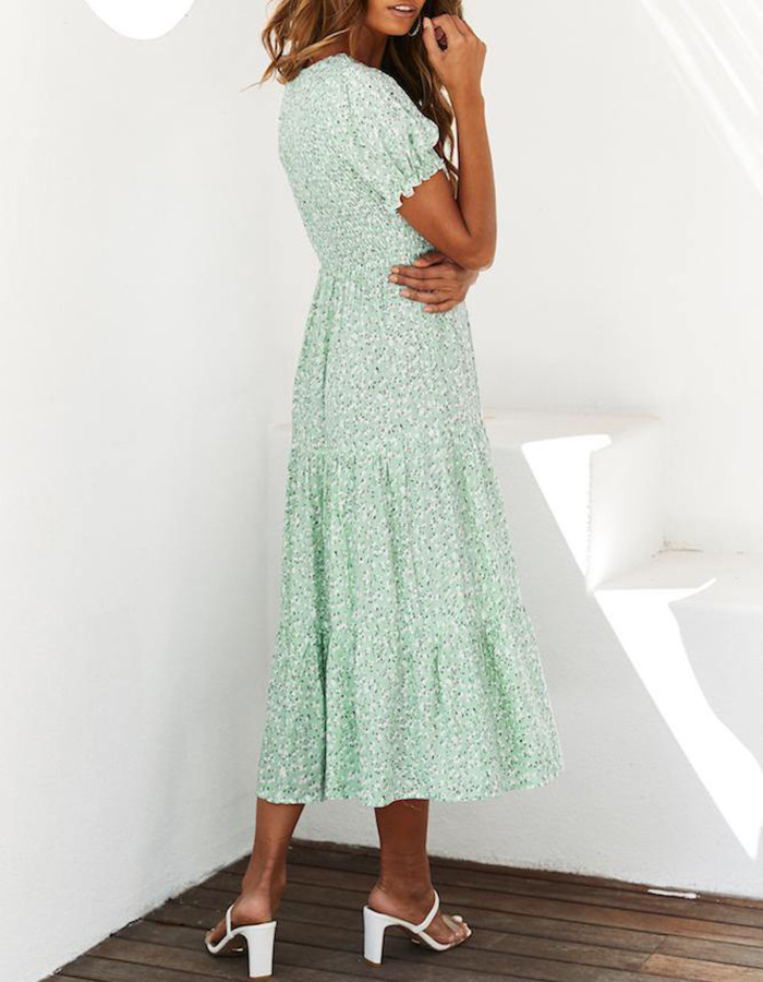 R.Vivimos Women's Summer Cotton Puff Sleeves Floral Print Round Neckline A-Line Boho Flowy Midi Dress