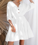 R.Vivimos Women's Summer Linen Puff Sleeves Casual Button Up A-Line Casual Skater Mini Dresses