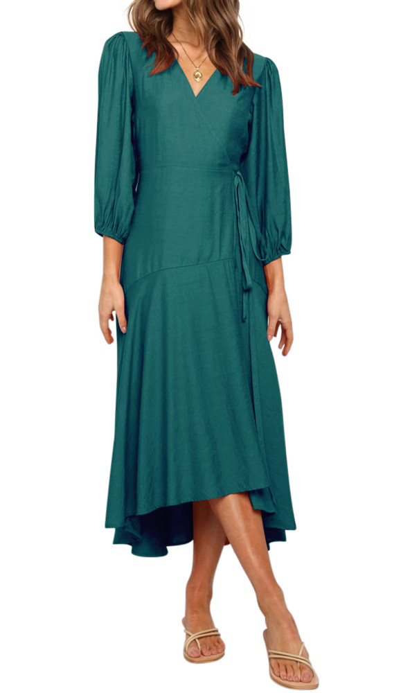 R.Vivimos Women's Satin Dress Long Sleeve V-Neck Casual Ruffle Flare Flowy Midi Wrap Dress