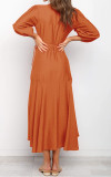 R.Vivimos Women's Satin Dress Long Sleeve V-Neck Casual Ruffle Flare Flowy Midi Wrap Dress