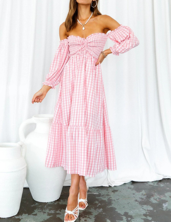 R.Vivimos Summer Dress for Women Cotton Plaid Puff Sleeves Boho Off-Shoulder Casual Ruffled Flowy Midi Dress