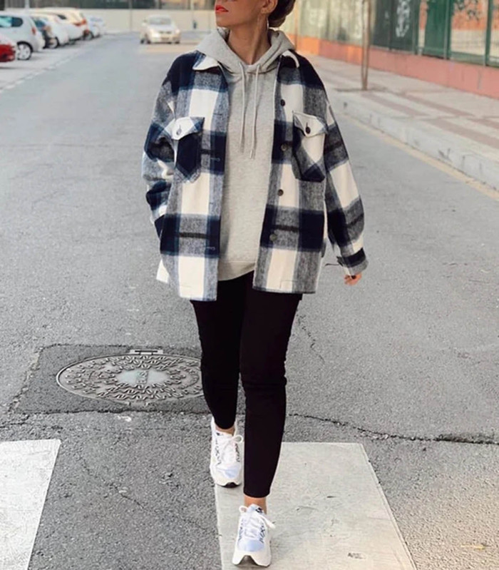 R.Vivimos Womens Casual Plaid Lapel Button Down Long Sleeve Shirts Shacket Jacket Coat for Autumn Winter