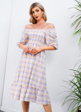 R.Vivimos Women's Summer Cotton Puff Sleeves Casual Vintage Polka Dots Print Off Shoulder Midi Dress