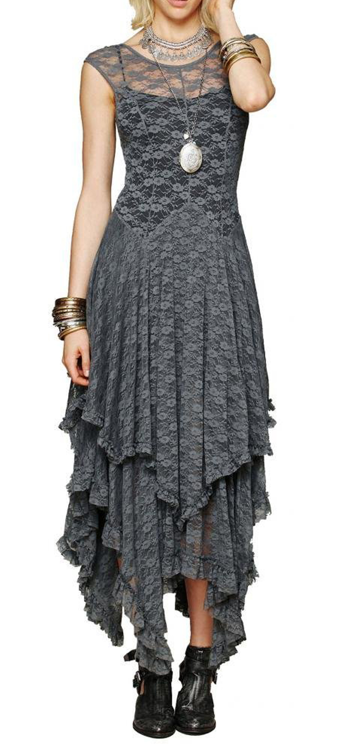 Herma Laced Layered Belt Flare Dress ワンピース R.Vivimos Womens Sleeveless Backless Asymmetrical Layered