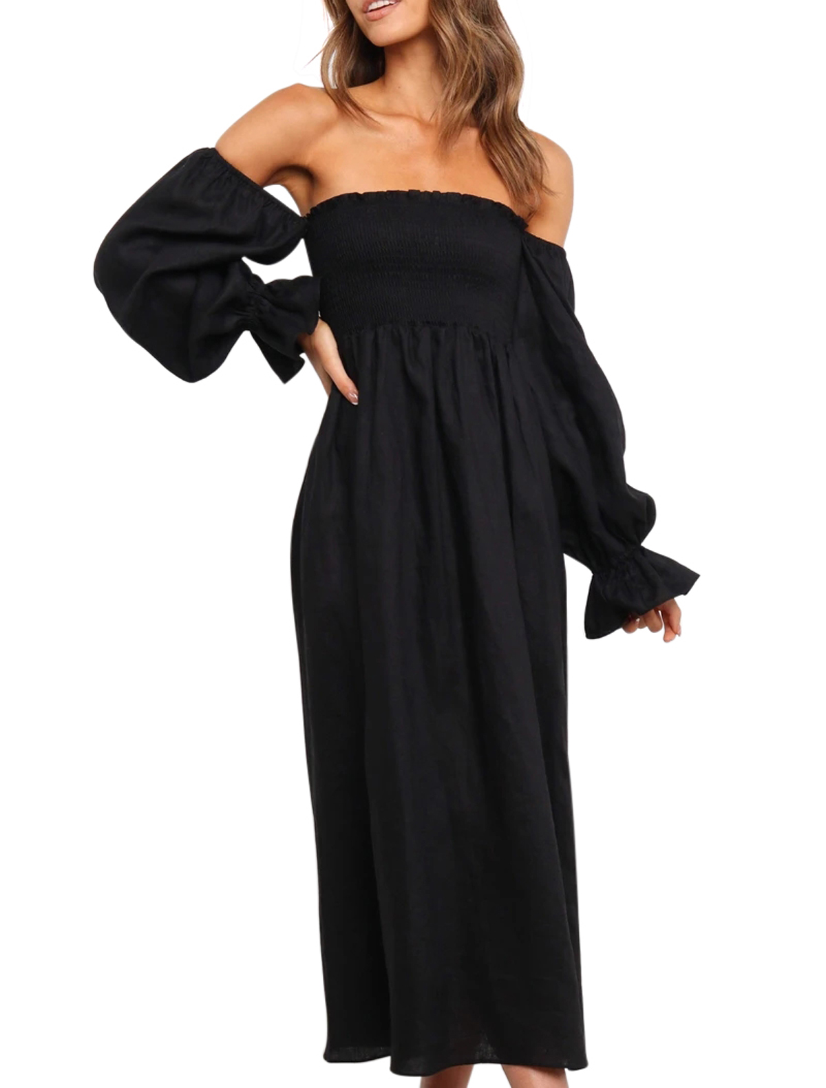 R.Vivimos Summer Dress for Women Long Sleeve Casual Plaid Print Smocked Off Shoulder A-Line Midi Dress