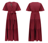 R.Vivimos Women's Fall Cotton Long Sleeves Irregular Polka Dot V Neck Casual Flowy Midi Dress