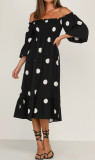R.Vivimos Women's Summer Cotton Puff Sleeves Casual Vintage Polka Dots Print Off Shoulder Midi Dress