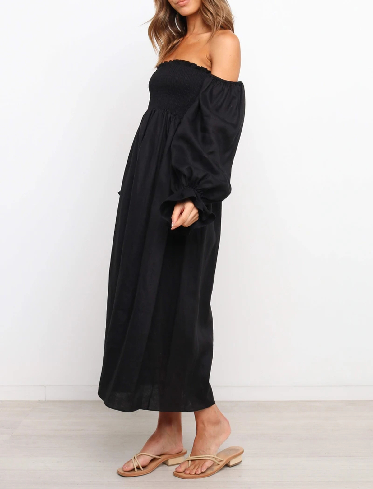 R.Vivimos Summer Dress for Women Long Sleeve Casual Plaid Print Smocked Off Shoulder A-Line Midi Dress4