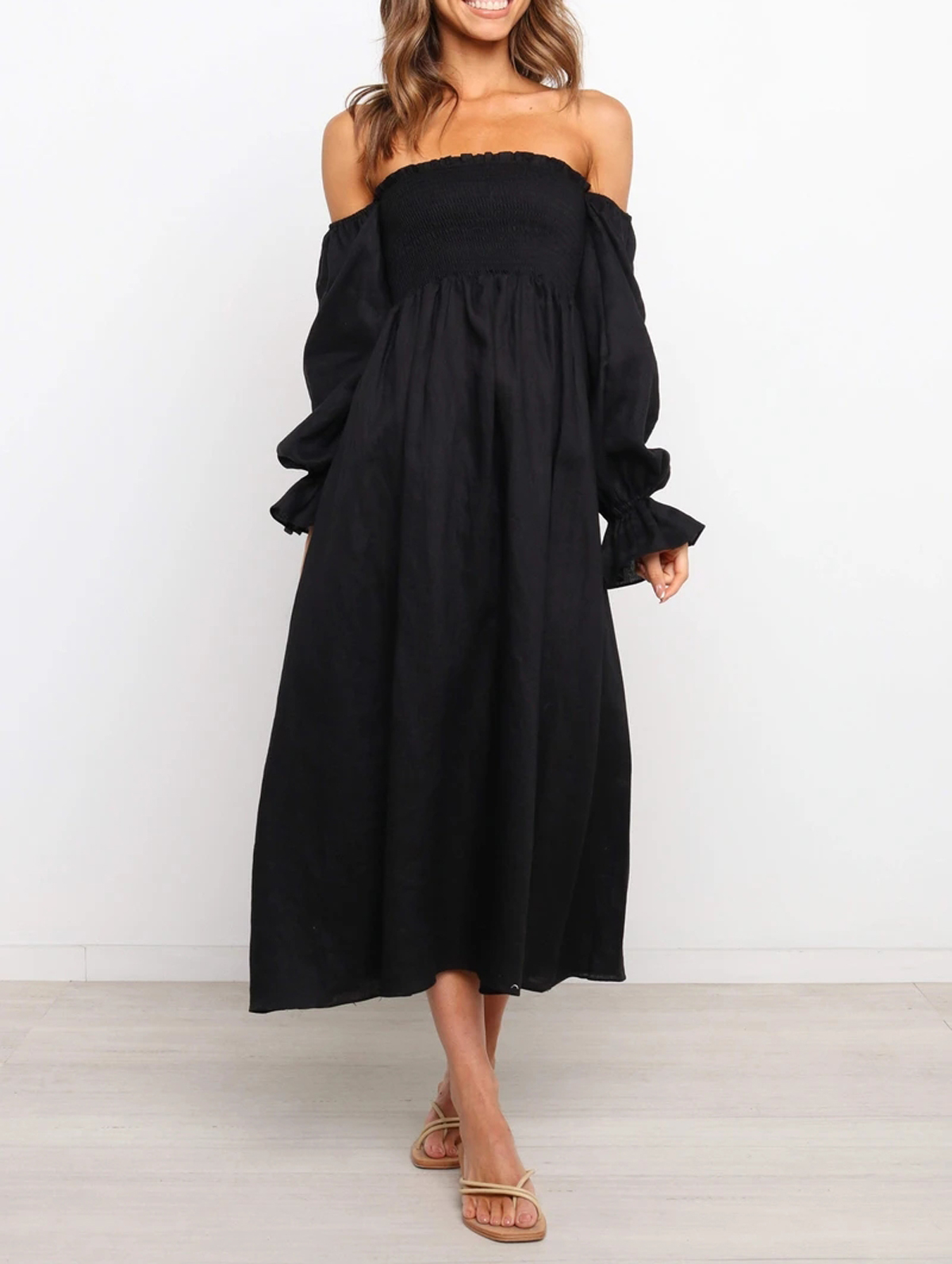 R.Vivimos Summer Dress for Women Long Sleeve Casual Plaid Print Smocked Off Shoulder A-Line Midi Dress2