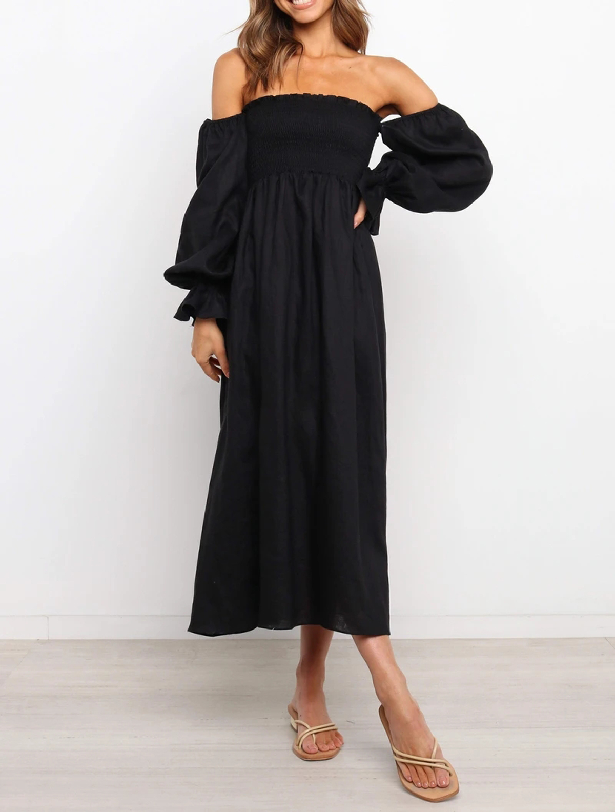 R.Vivimos Summer Dress for Women Long Sleeve Casual Plaid Print Smocked Off Shoulder A-Line Midi Dress3