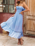 R.Vivimos Womens Summer Cotton Spaghetti Straps V-Neck Ruffle Casual Boho Midi Flowy Dress