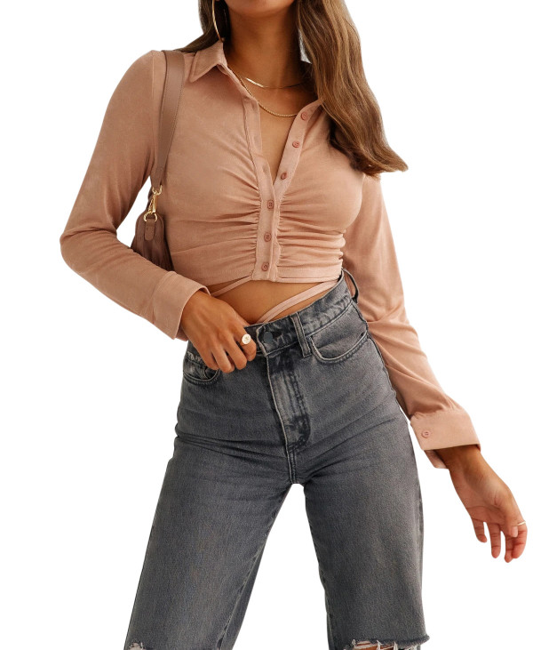 R.Vivimos Womens Fall Long Sleeves Collared Button Down Shirts Ruched Tie Waist Slim Blouse Crop Tops