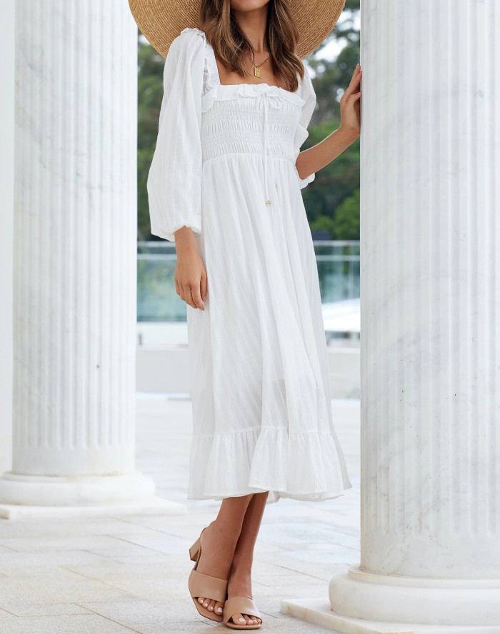 R.Vivimos Women's Linen Fall Long Sleeves Stripes Ruffled Boho Casual A-Line Flowy Midi Dresses