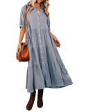 R.Vivimos Women's Summer Cotton Half Sleeves Button Down Casual Loose Slit Midi Dress with Pockets