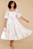 R.Vivimos Women's Summer Dress Chiffon Boho Puff Sleeves Ruffle Floral Print Causal Off Shoulder Split Midi Dress