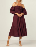 R.Vivimos Summer Dress for Women Cotton Plaid Puff Sleeves Boho Off-Shoulder Casual Ruffled Flowy Midi Dress