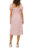 R.Vivimos Summer Dress for Women Cotton Plaid Puff Sleeves Causal Off-Shoulder Boho Side Slit Midi Dress