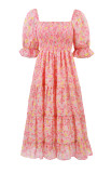 R.Vivimos Women's Summer Dress Chiffon Boho Puff Sleeves Ruffle Floral Print Causal Off Shoulder Split Midi Dress