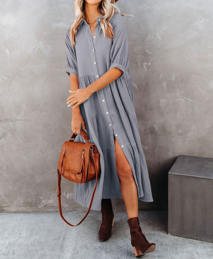 R.Vivimos Women's Summer Cotton Half Sleeves Button Down Casual Loose Slit Midi Dress with Pockets