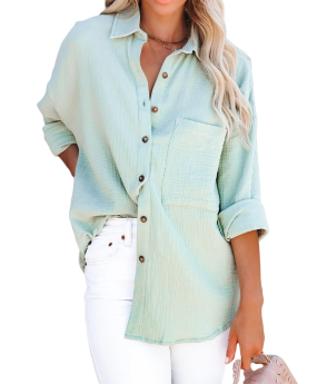 R.Vivimos Women's Fall Cotton Long Sleeve Oversized Loose Casual Button Down Shirts Blouses with Pocket