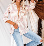 R.Vivimos Women's Fall Cotton Long Sleeves Roll Up Striped Casual V Neck Button Down Shirts Blouses