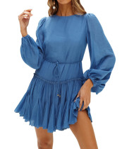 R.Vivimos Women's Fall Cotton Long Sleeves Casual Ruffle Hem Swing Mini Dress with Belt