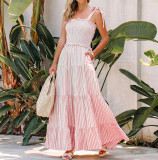 R.Vivimos Women's Summer Dress Cotton Adjustable Straps Boho Ruffled Stripe Causal Flowy Midi Dress with Pockets