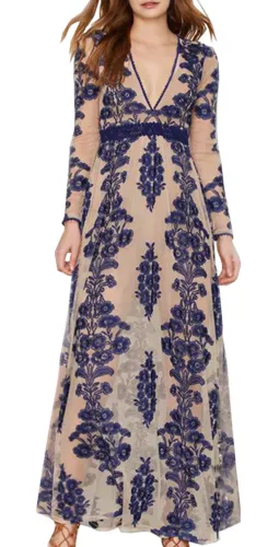R.Vivimos Women's Long Sleeve V Neck Floral Embroidered Elegant A-Line Maxi Dress