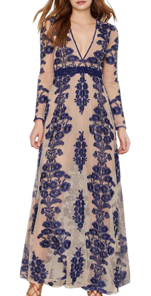R.Vivimos Women's Long Sleeve V Neck Floral Embroidered Elegant A-Line Maxi Dress