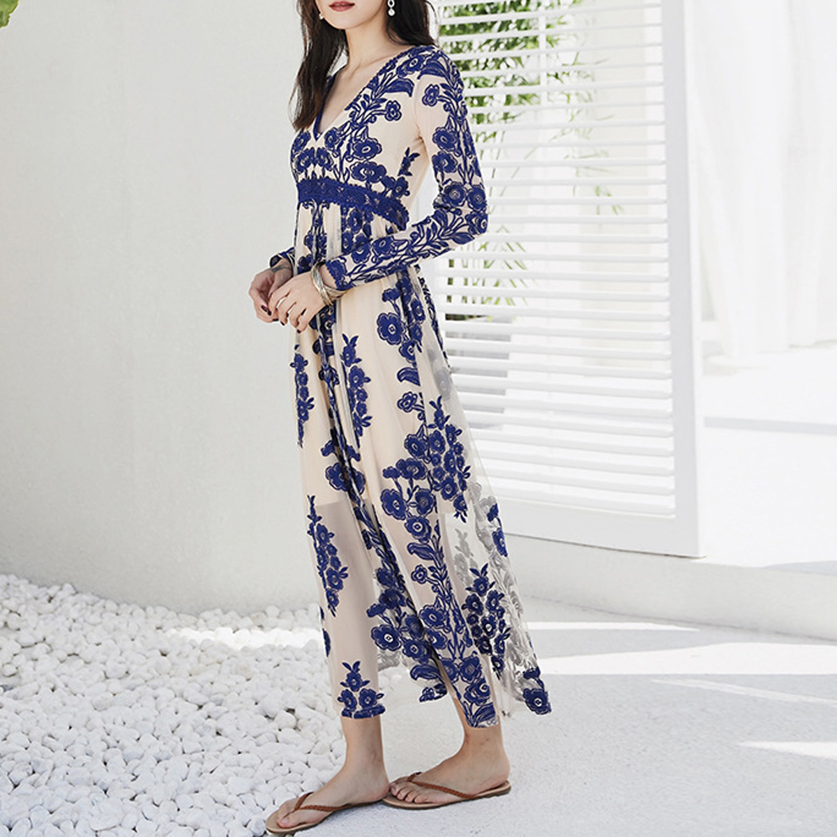 R.Vivimos Women's Long Sleeve V Neck Floral Embroidered Elegant A-Line Maxi Dress4