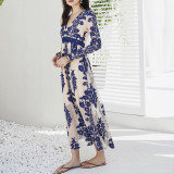 R.Vivimos Women's Long Sleeve V Neck Floral Embroidered Elegant A-Line Maxi Dress