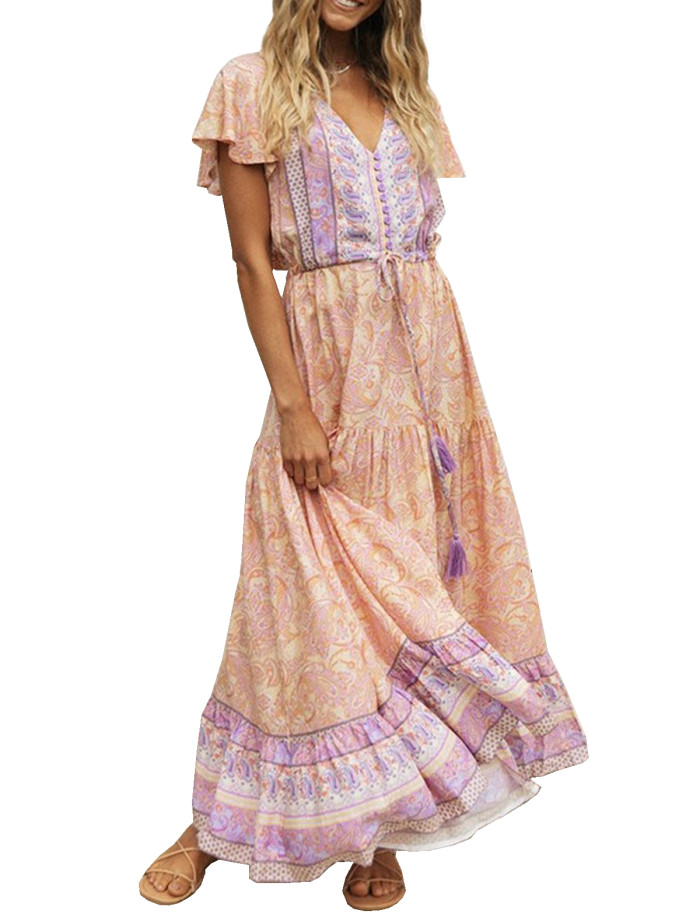 R.Vivimos Womens Summer Floral Print Cotton Short Sleeve Flowy Dress