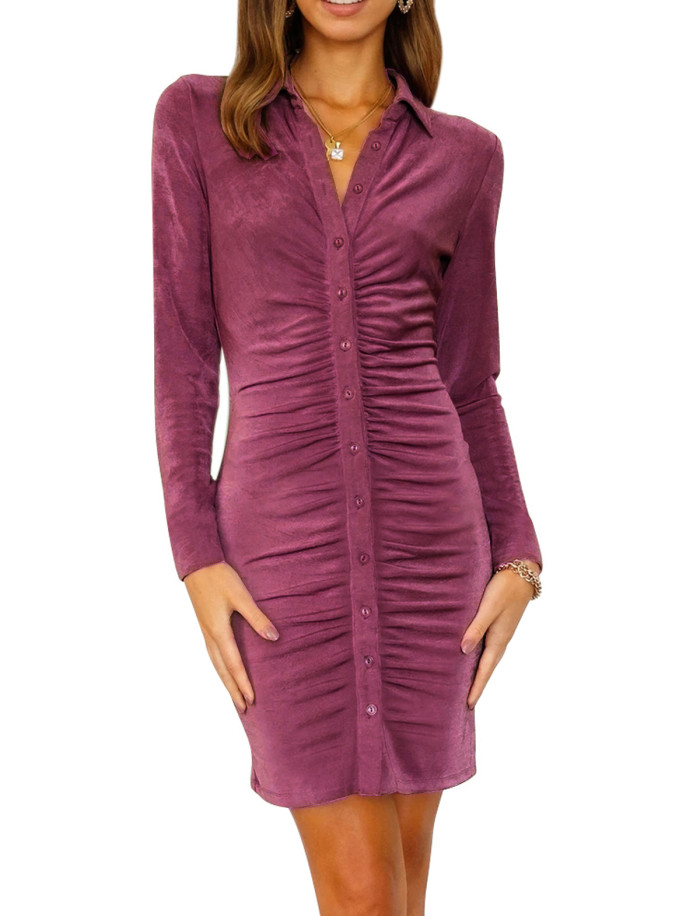 R.Vivimos Women's Fall Long Sleeves Casual Velvet Ruched Button Down Shirts Mini Dress