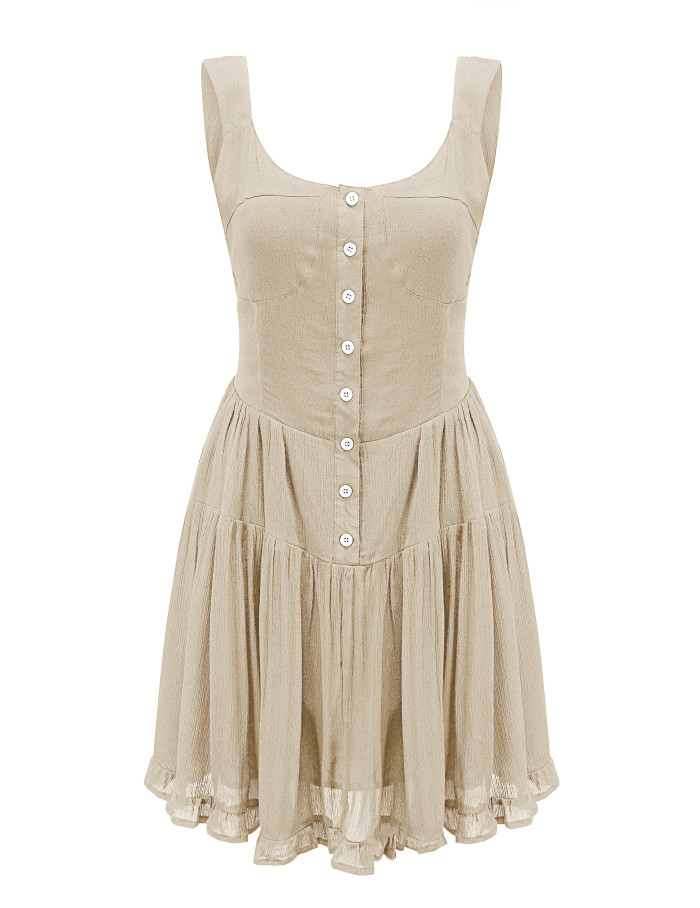 R.Vivimos Women's Summer Cotton V-Neck Button Down Casual Ruffled Swing Mini Dress