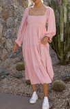 R.Vivimos Women's Fall Cotton Lantern Long Sleeve Square Neck Casual Backless Boho Midi Dress
