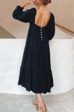 R.Vivimos Women's Fall Cotton Lantern Long Sleeve Square Neck Casual Backless Boho Midi Dress