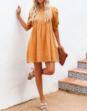R.Vivimos Summer Dress for Women Cotton Puff Sleeves Boho Casual Loose Babydoll Mini Dress with Pockets