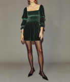 R.Vivimos Womens Puff Long Sleeve Velvet Fall Winter Casual Square Neck Smocked A Line Mini Dress