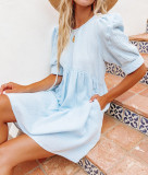 R.Vivimos Summer Dress for Women Cotton Puff Sleeves Boho Casual Loose Babydoll Mini Dress with Pockets