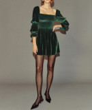 R.Vivimos Womens Puff Long Sleeve Velvet Fall Winter Casual Square Neck Smocked A Line Mini Dress