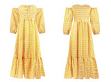 R.Vivimos Summer Dress for Women Cotton Plaid Puff Sleeves Boho Off-Shoulder Casual Ruffled Flowy Midi Dress