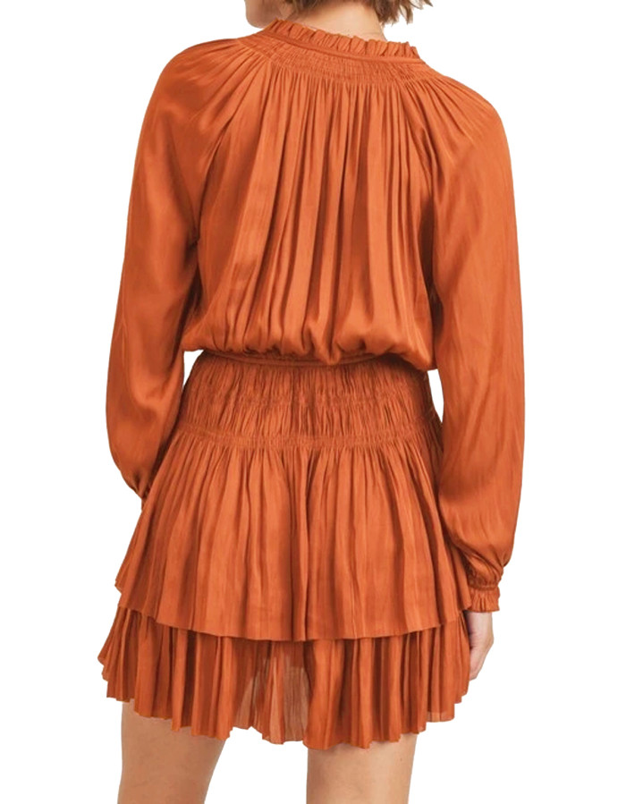R.Vivimos Women's Cotton Long Sleeves V Neck Layered Ruffles Pleated Swing Mini Dress