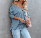 R.Vivimos Womens Fall Tops Casual Long Sleeve V Neck Knitted Loose Fit Button-Down Blouses