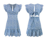 R.Vivimos Women's Summer Cotton V Neck Floral Print Ruffles Backless Mini Dress