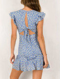 R.Vivimos Women's Summer Cotton V Neck Floral Print Ruffles Backless Mini Dress