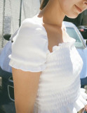 R.Vivimos Women's Summer Knit Shirred Short Sleeve Ruffle Blouse Crop Top