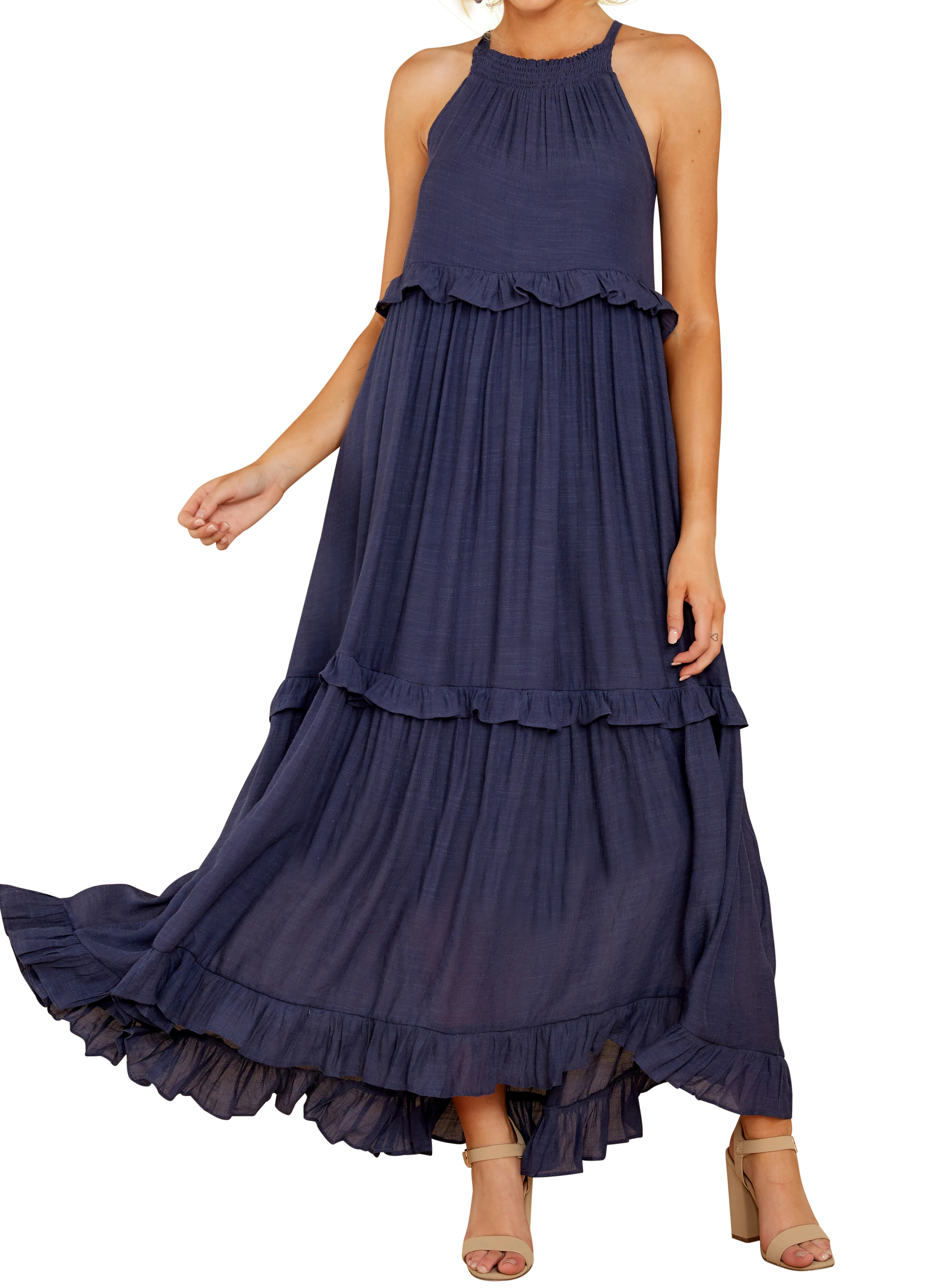 R.Vivimos Womens Summer Dress Cotton Sleeveless Halter Layered Ruffles Casual Boho Flowy Maxi Dress