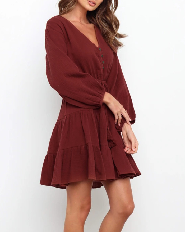 R.Vivimos Womens Long Sleeve Cotton V Neck Boho Casual Button Down Skater Ruffled A Line Dress for Fall Winter